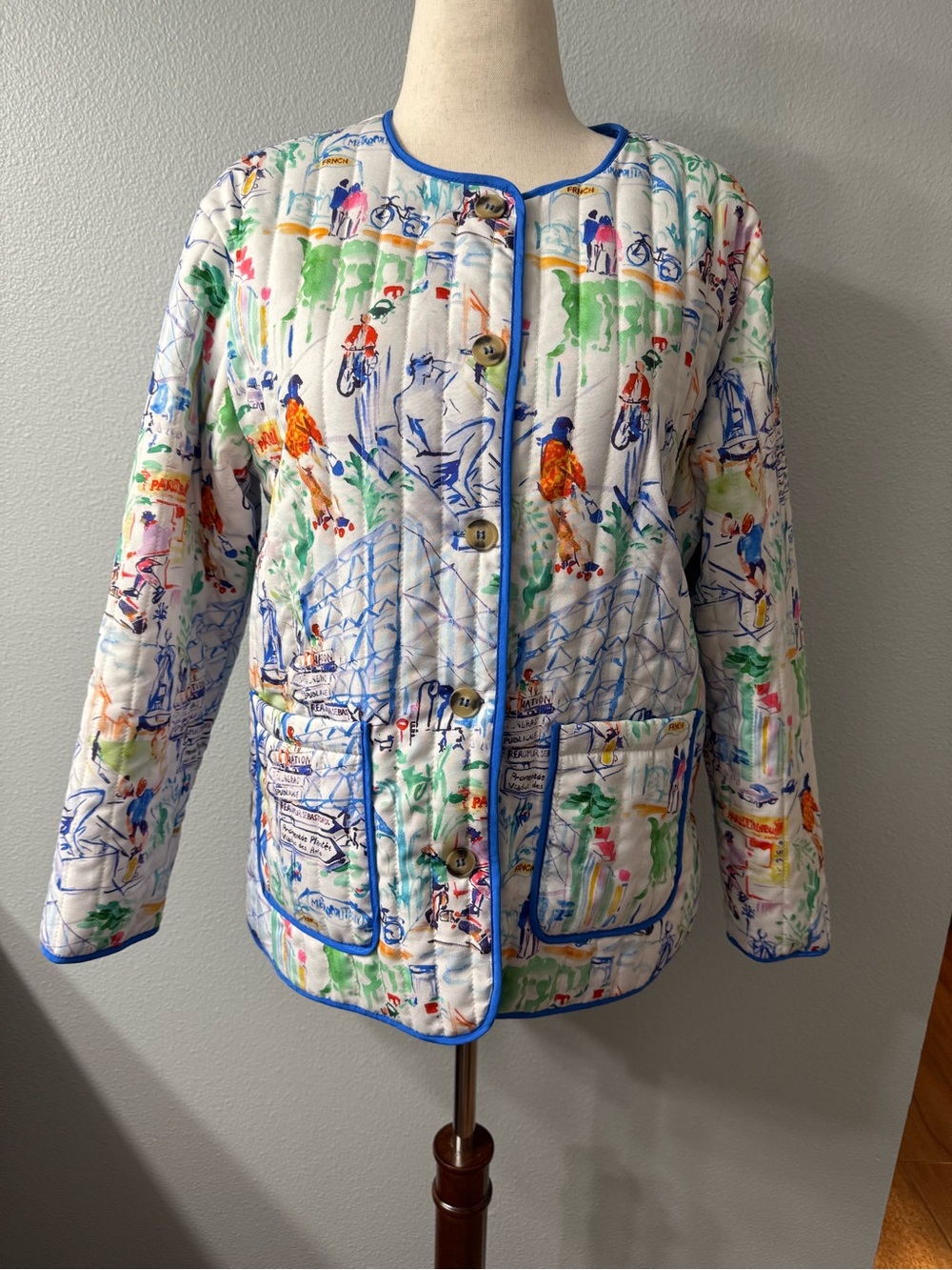 Parisian European Whimsical Print Quilted Jacket Button Front Fully Lined, NWOT
